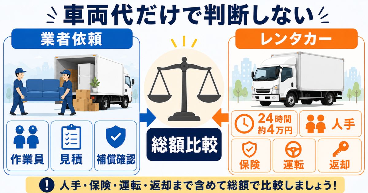 3tトラックのレンタカー利用は車両代だけでなく人手保険運転返却まで比較する必要があることを示す図解