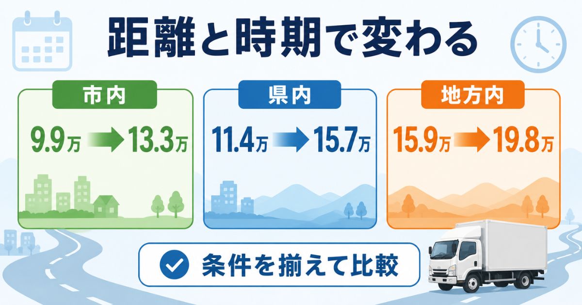 3tトラック引っ越し料金が市内県内地方内と通常期繁忙期で変わることを示す数値比較図解