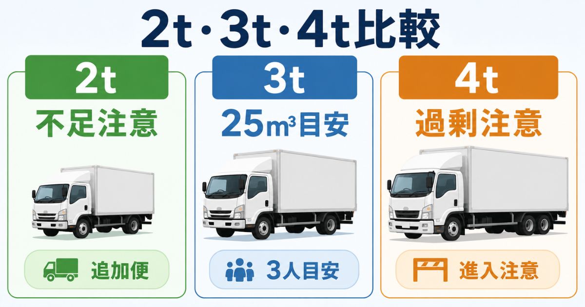 2tは不足注意3tは25m3目安4tは過剰注意として車格を比較する図解