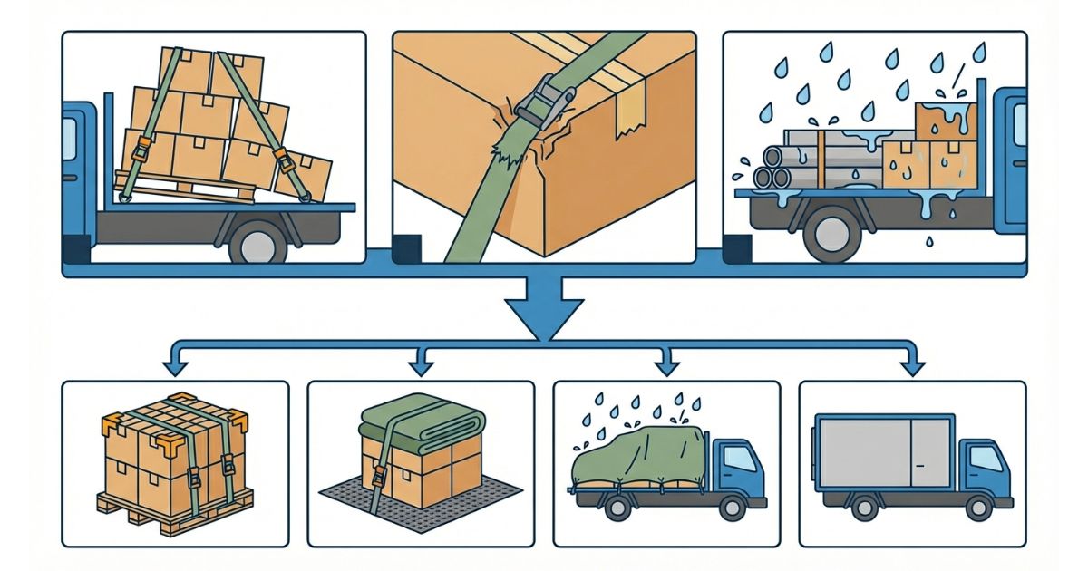 固定不足や養生不足や雨対策不足による荷崩れリスクと回避の分岐を示す文字なし図解