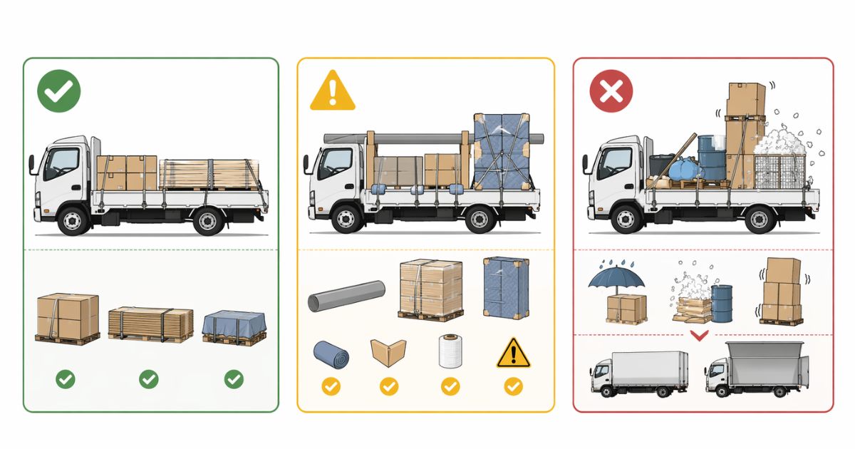 3t平ボディで向いている荷物と条件付き対応、別車型検討の境界を比較した図解