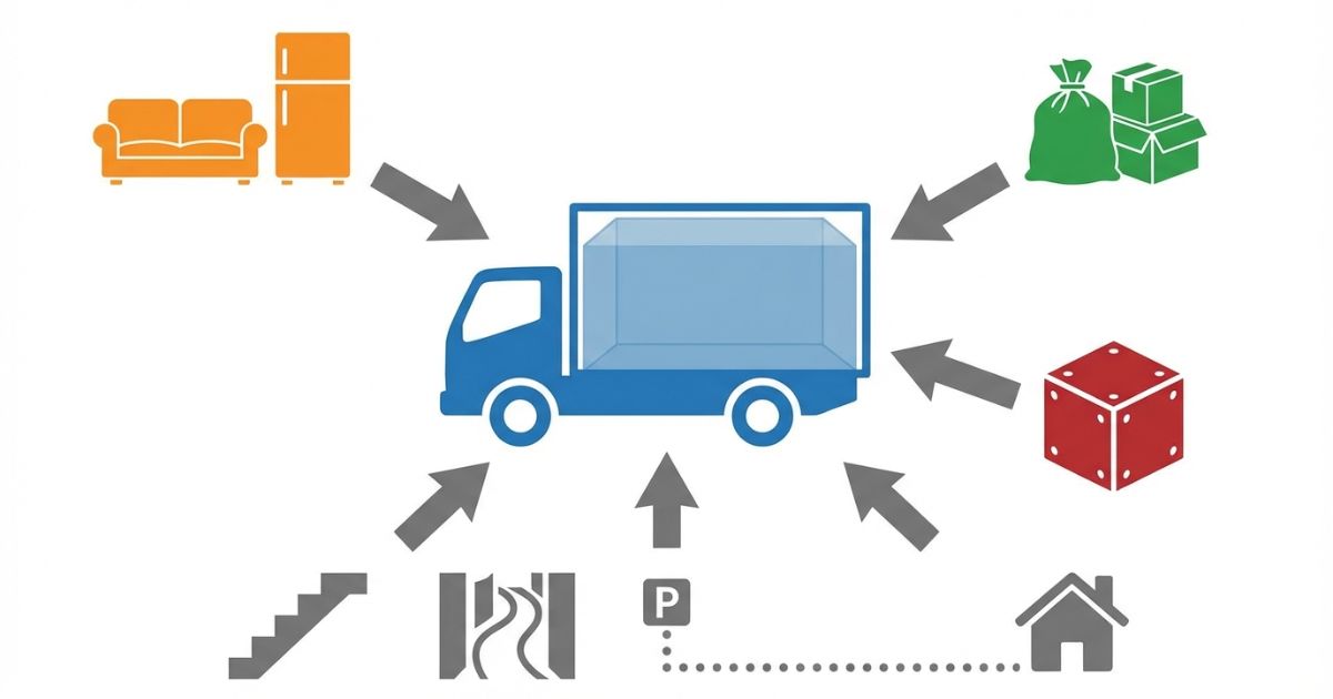 不用品回収で3tが向くかを内訳と搬出条件で判断する文字なし図解