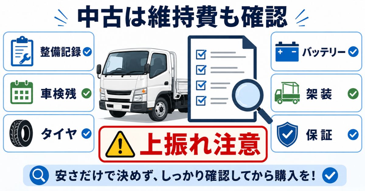 中古3トントラックで整備記録・車検残・タイヤ・バッテリー・架装・保証を確認する図解
