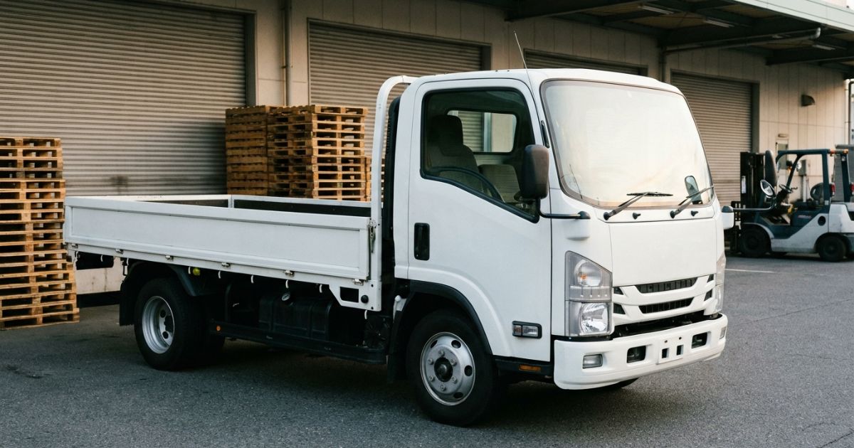 物流拠点で出発前の3トントラックと仕事の現場感が伝わる写真