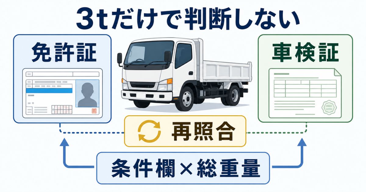 3トントラックを準中型免許で運転できるか免許証と車検証で確認する流れを示した図解