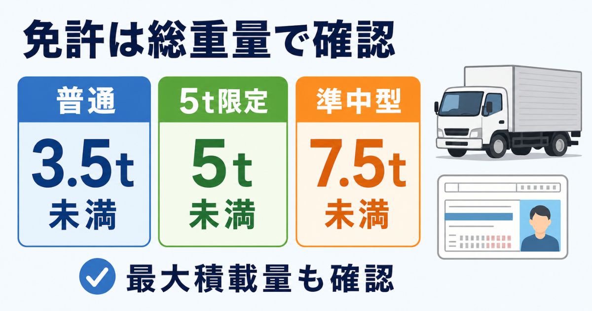 3トントラックの免許確認で普通免許・5t限定準中型・準中型の車両総重量の境界を比較した図解