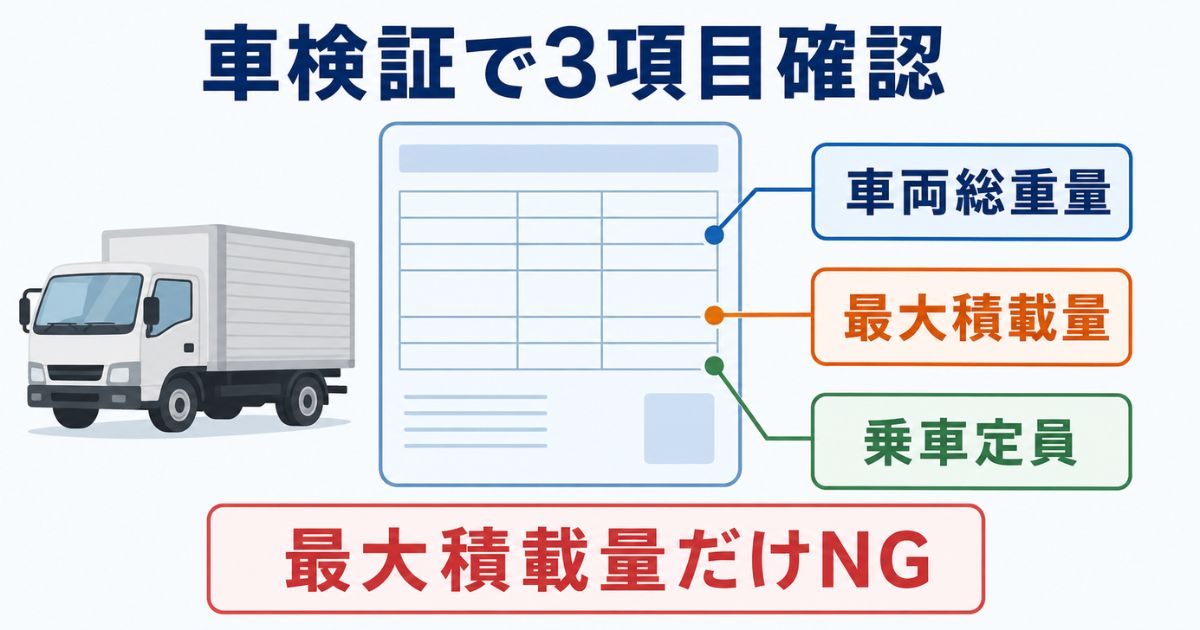 3トントラックの車検証で車両総重量・最大積載量・乗車定員を確認する図解