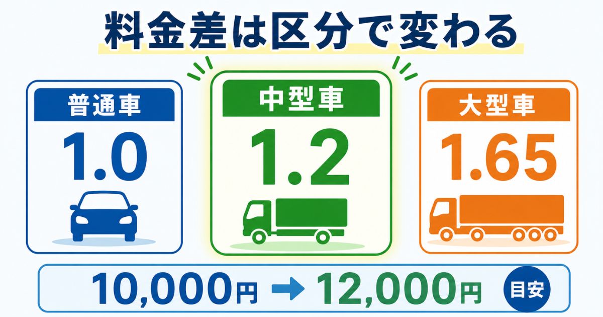普通車1.0中型車1.2大型車1.65の車種間比率による高速料金差を示す比較図