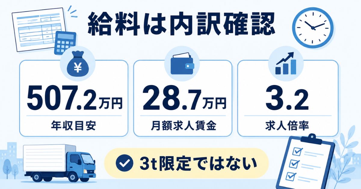 3トントラック求人の給料相場を見るときに年収目安507.2万円・月額求人賃金28.7万円・求人倍率3.2を確認する図解