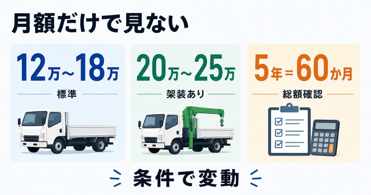3トントラックのリース料を月12万から25万円前後の見積前レンジと契約期間で比較する図解