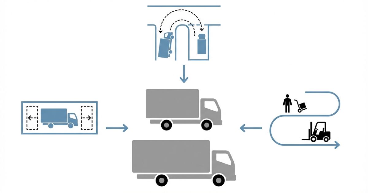 全長を停車前後余裕・入口角の戻し余地・荷役導線で判断する流れを示す図解