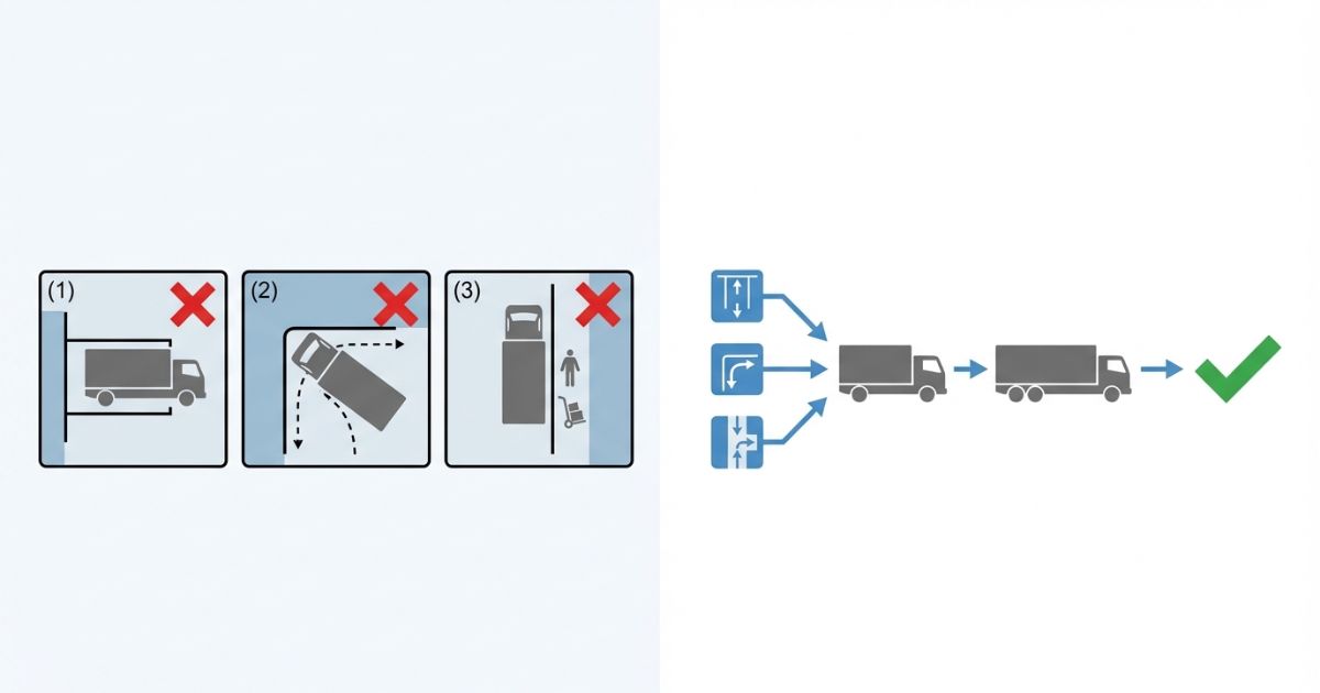 進入幅だけで判断して停車不可・切り返し詰み・導線不足になる失敗例と回避を示す図解