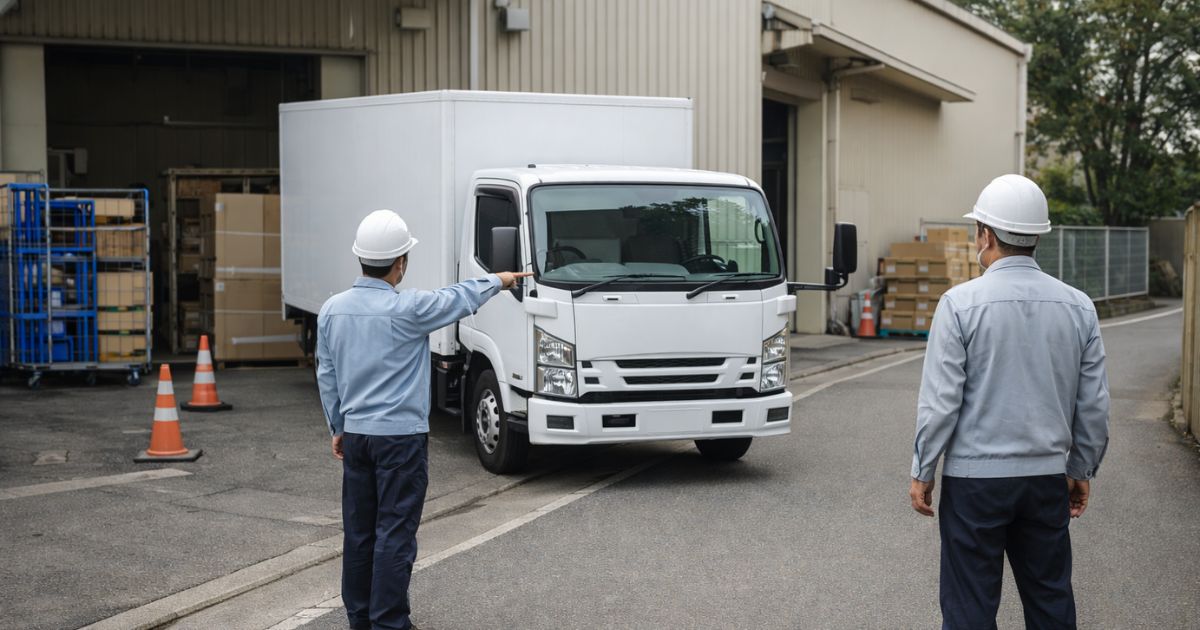 3トントラックの停車位置と荷役導線を現場で確認している様子