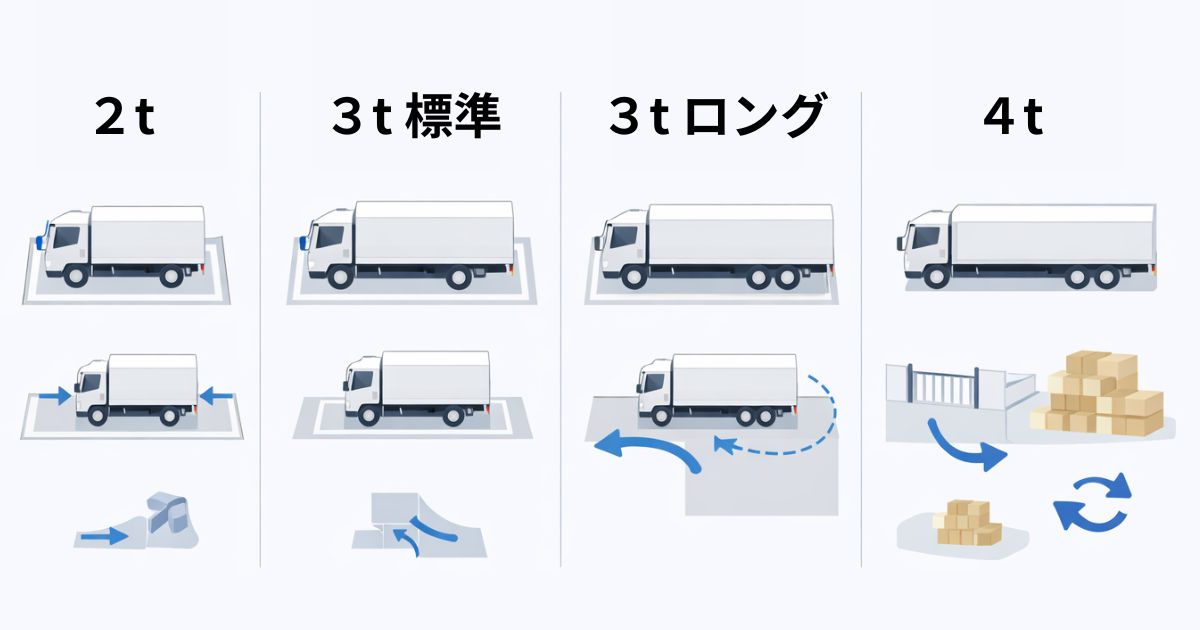 2t・3t標準・3tロング・4tの違いを比較した図解
