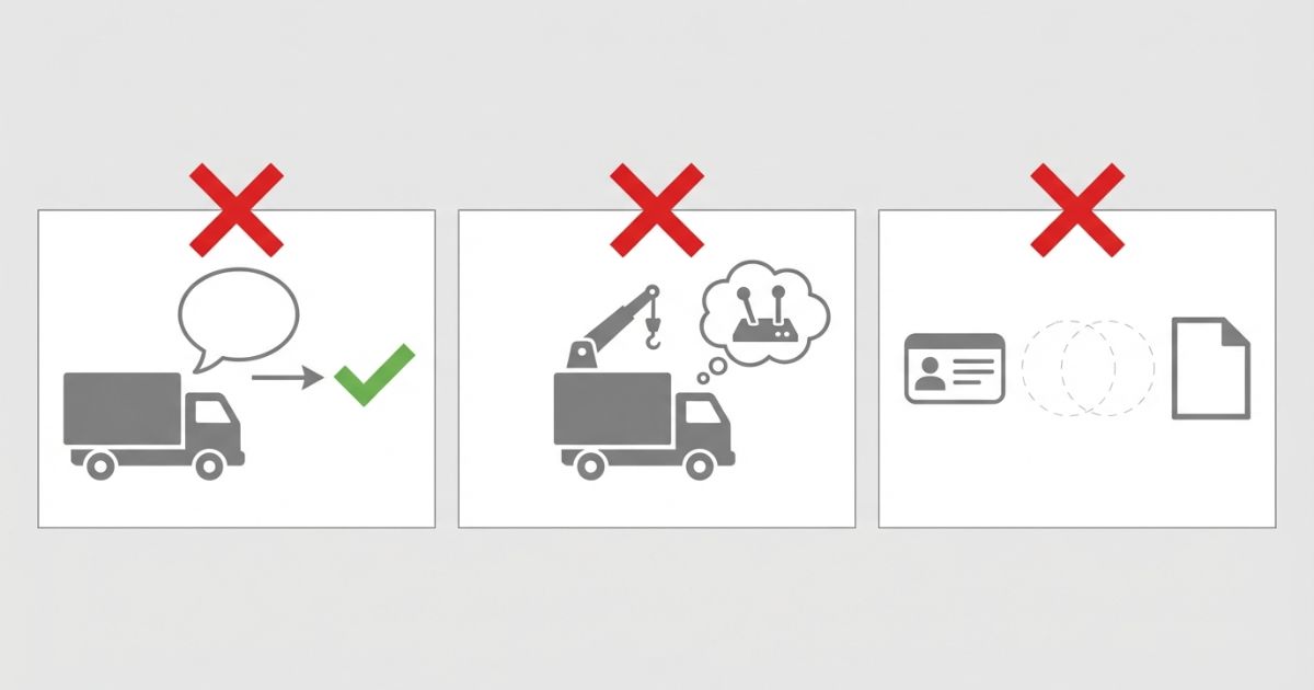 思い込みで当日停止につながるNGパターン（呼称判断・運転と作業の混同・情報共有不足）の図解