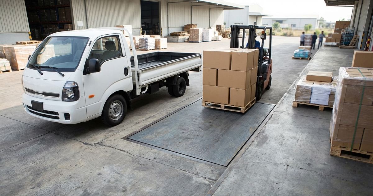 3トントラックの積み込み前に荷物を計量して最大積載量を意識する現場写真