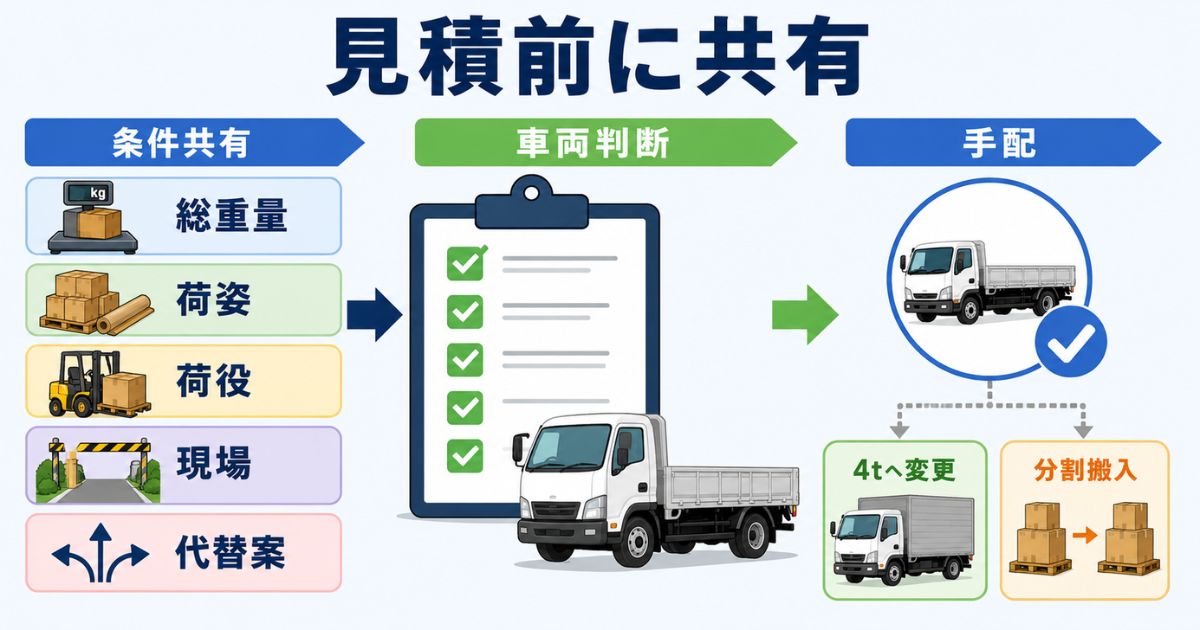 3トントラックの見積前に総重量や荷姿や現場条件を共有する項目を整理した図解