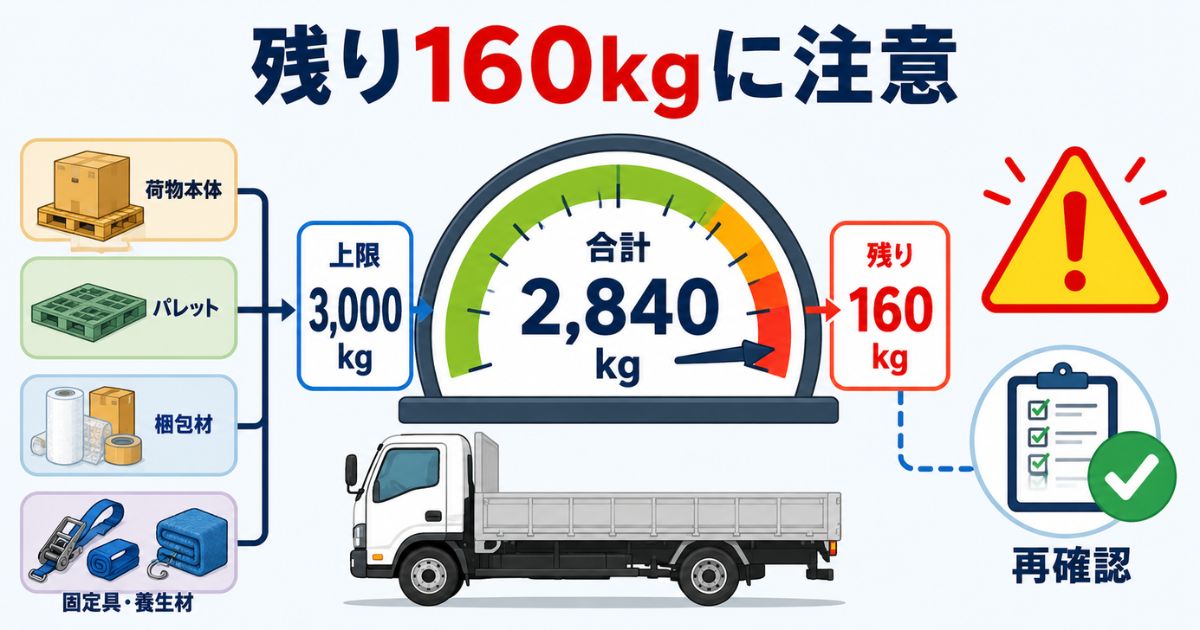最大積載量3000kgに対して荷物総重量2840kgで残り160kgになる数値判断の図解