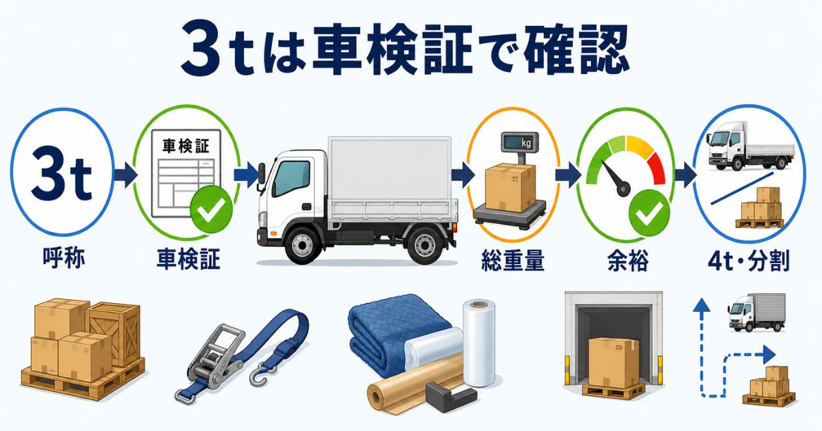 3トントラックの最大積載量を呼称ではなく車検証と荷物総重量で確認する流れの図解