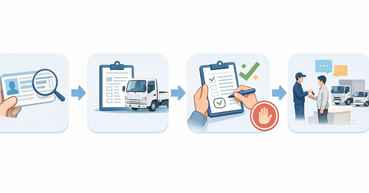 3トントラックの最終確認と回避行動の流れを示した図解