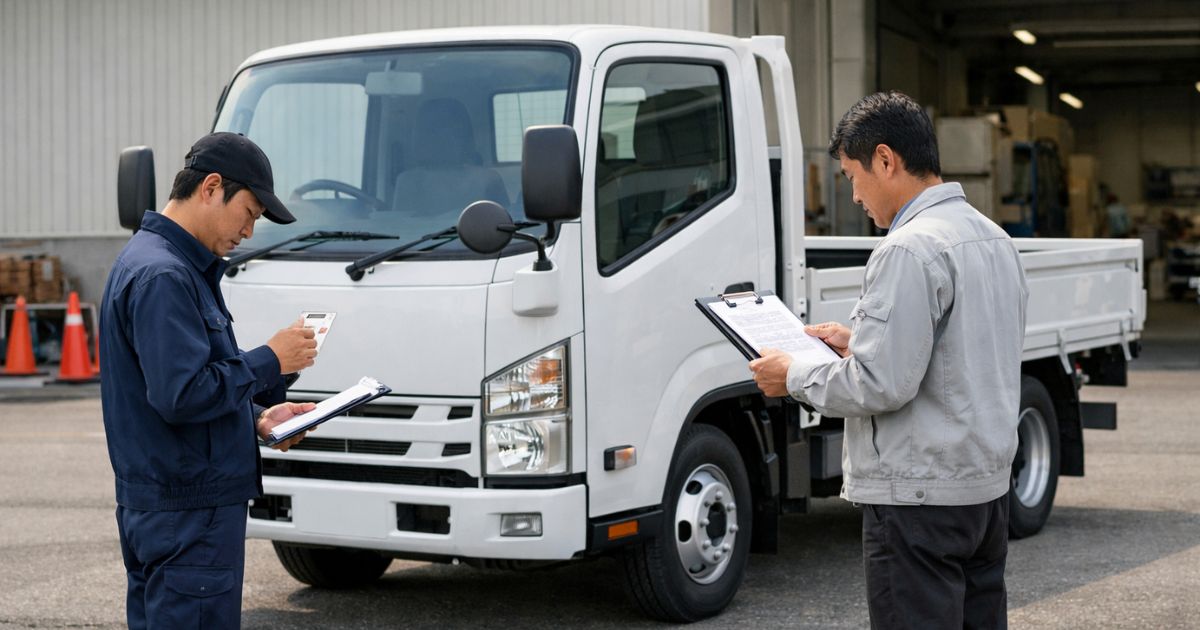 3トントラックの出発前に免許条件と車両情報を確認する現場イメージ