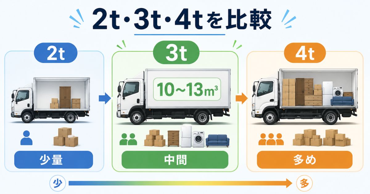 2t・3t・4tトラックの荷物量と立米の違いを比較する図解
