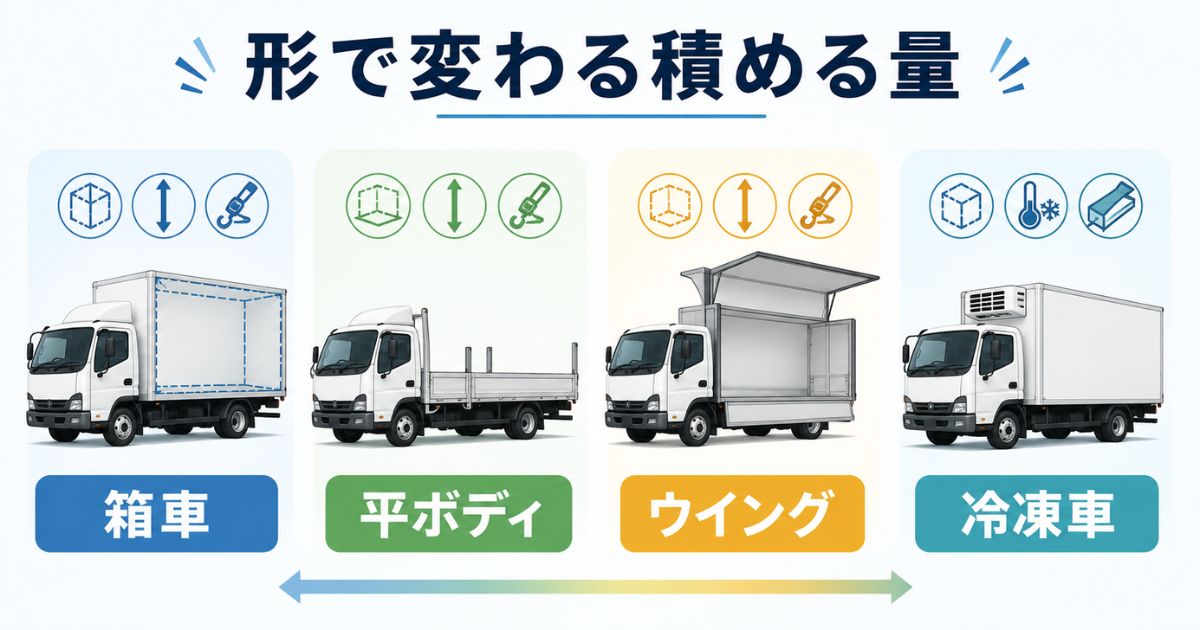 3トントラックの箱車や平ボディやウイングなど荷台形状で積める量が変わる比較図