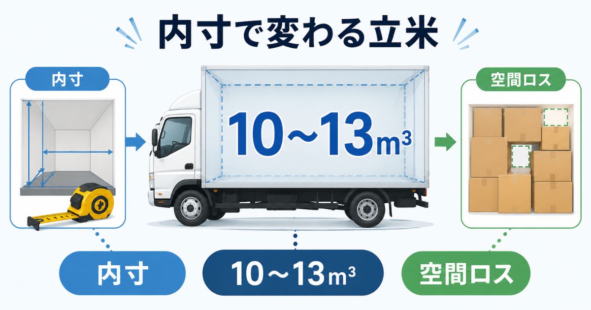 3トントラックの立米目安が荷室内寸と空間ロスで変わることを示す図解