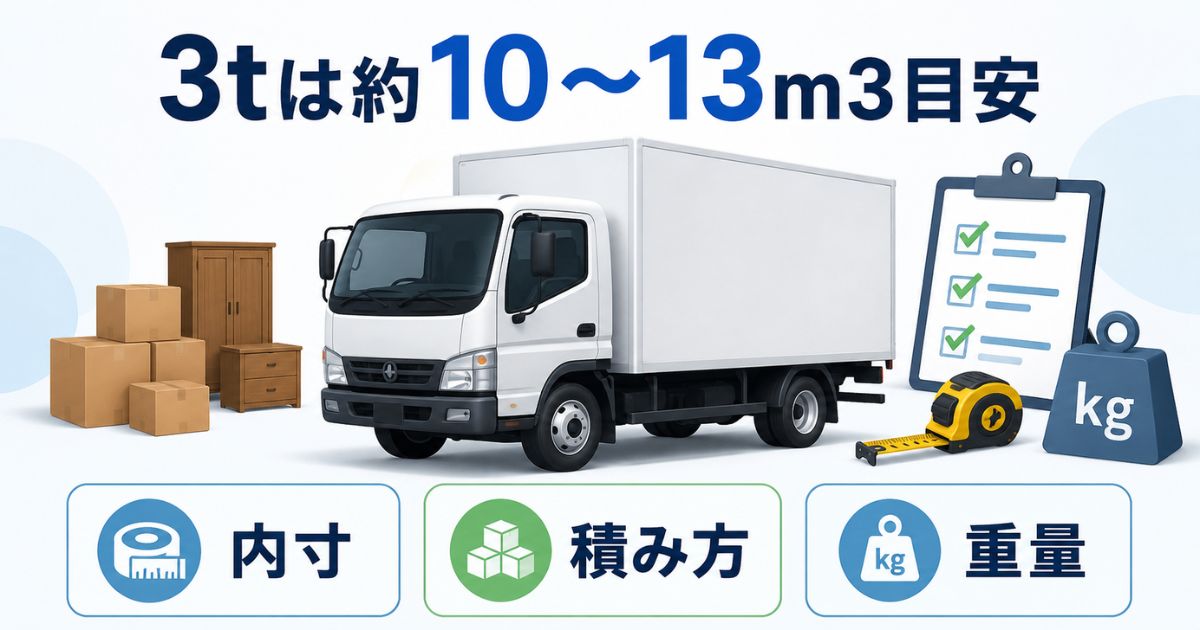 3トントラックは約10〜13立米を目安に内寸や積み方や重量を確認する図解