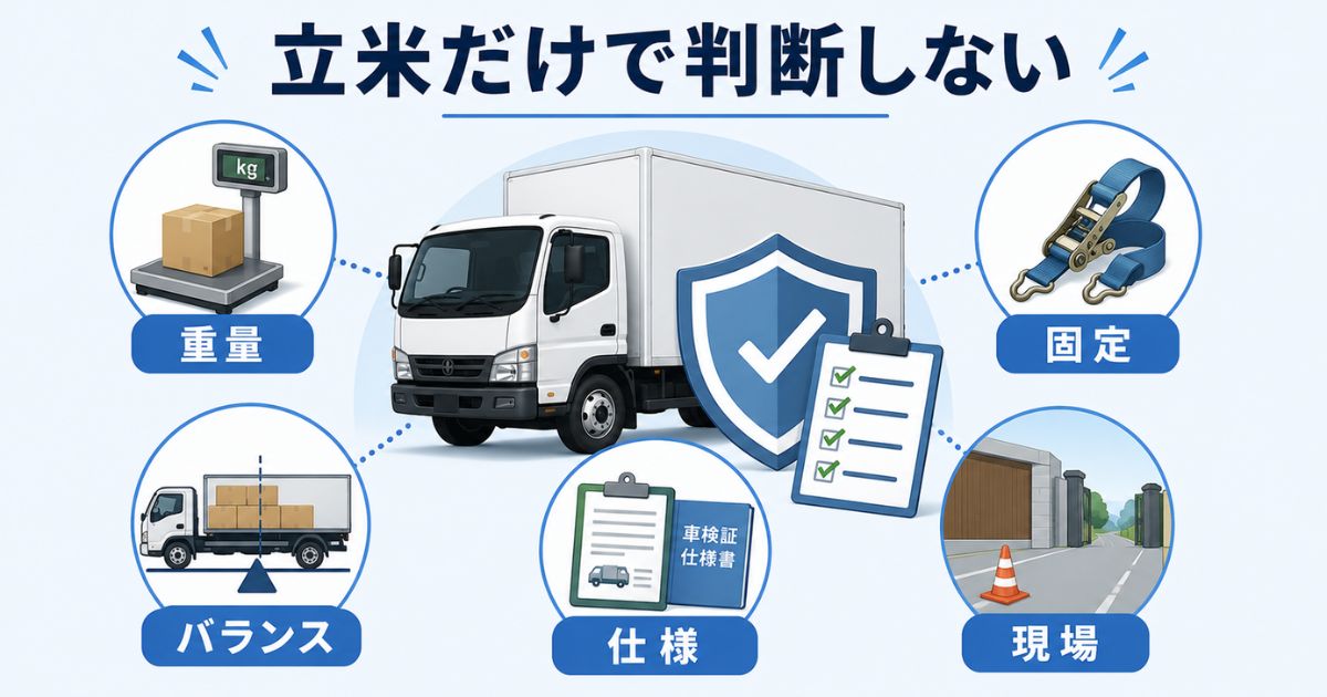 3トントラックの立米だけでなく重量や固定や現場条件を確認する図解