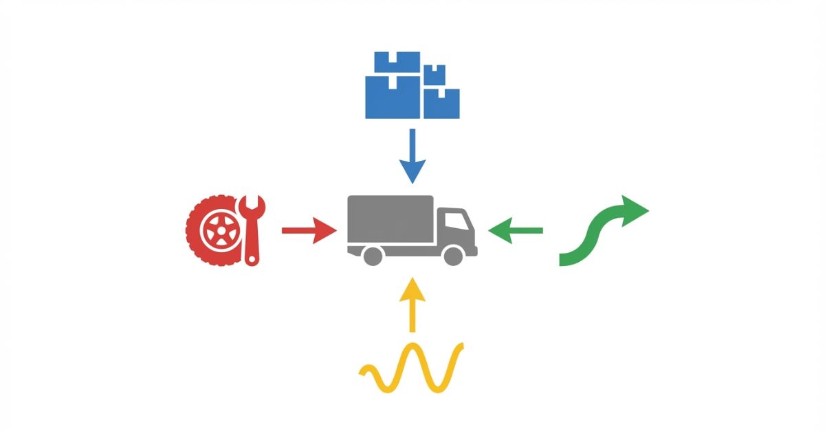 3トントラックの燃費が積載や走り方などの条件で変わる関係を示す図解