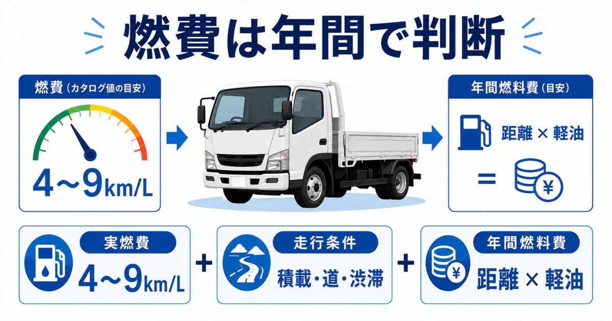 3トントラックの燃費を実燃費と年間燃料費で判断する流れを示した図解