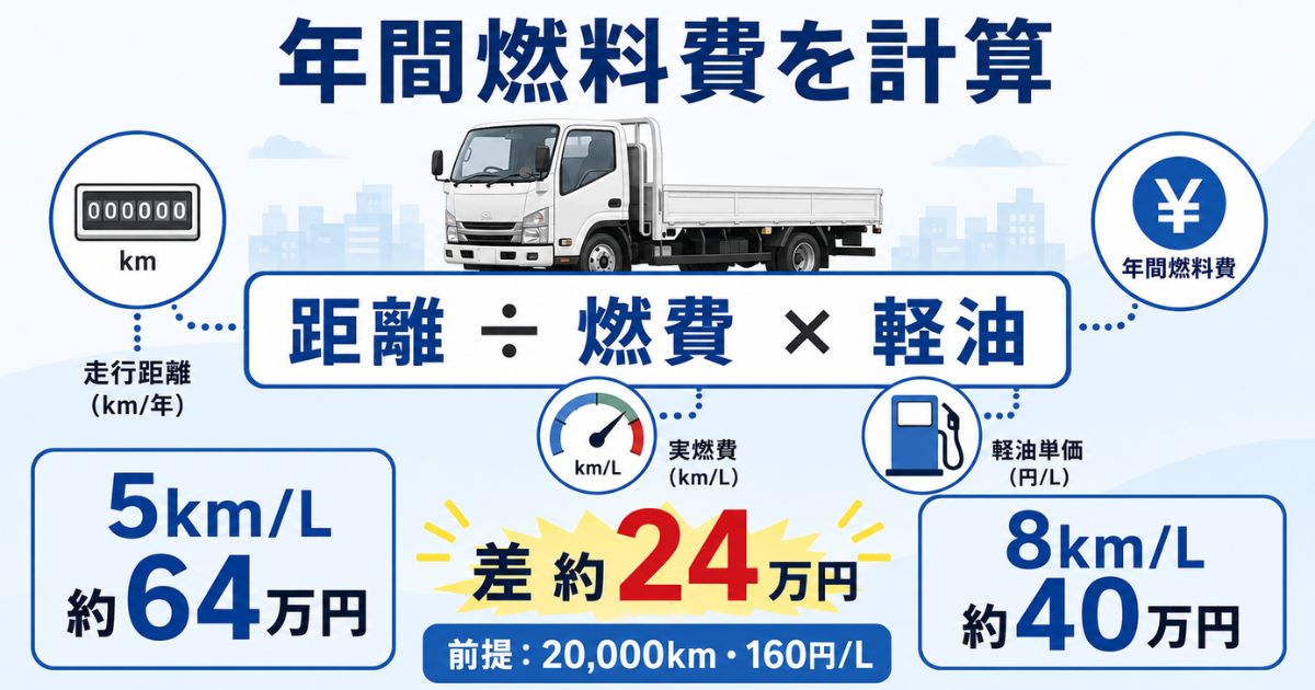 3トントラックの年間燃料費を走行距離と実燃費と軽油単価で計算する図解