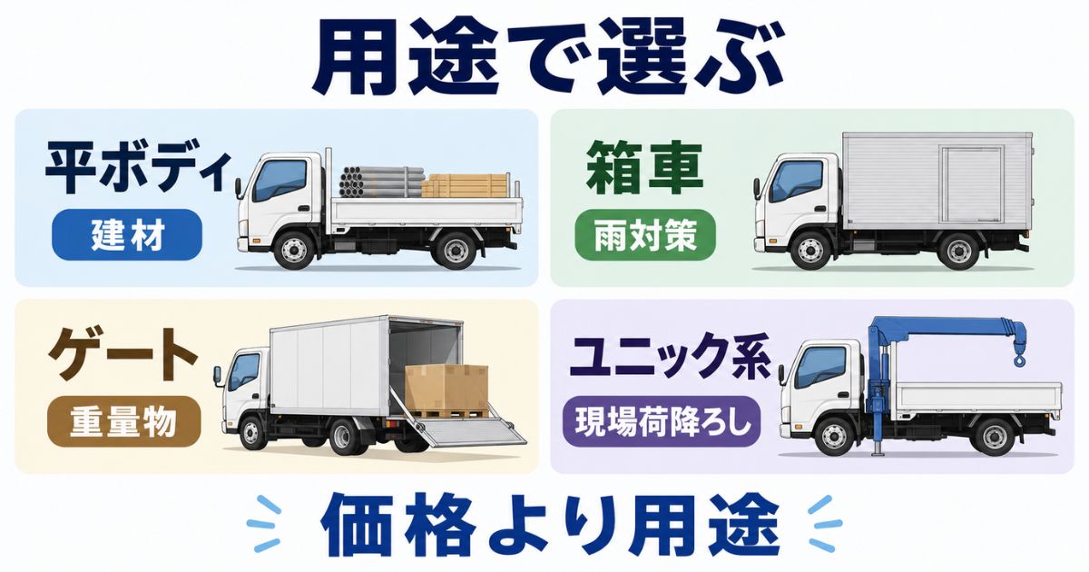 3トントラックの新車選びで平ボディ・箱車・パワーゲート・ユニック系を用途別に整理した図解