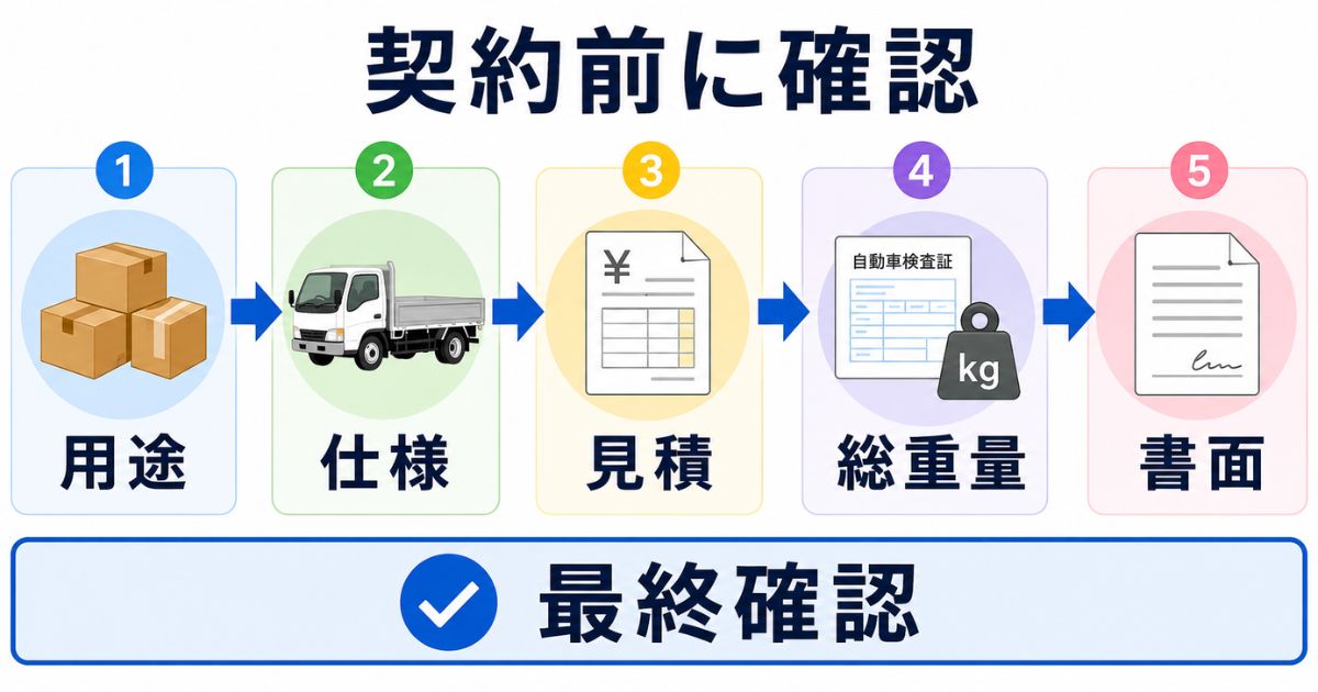 3トントラックの新車契約前に用途・仕様・見積・総重量・書面条件を確認する流れを示した図解