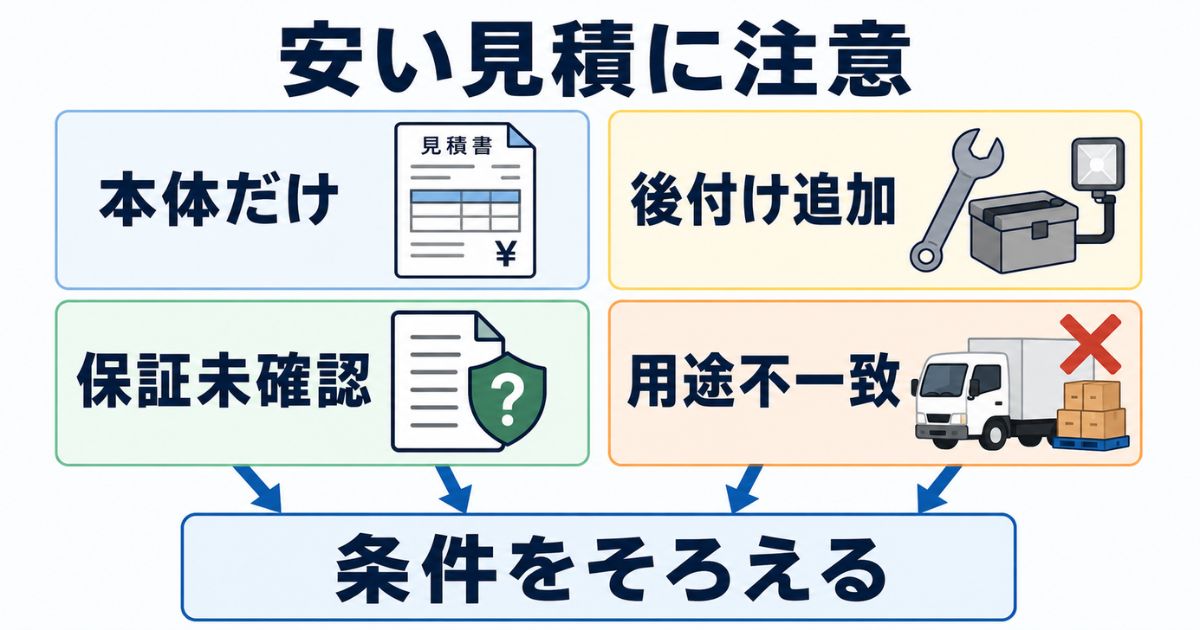 3トントラックの新車見積で車両本体だけ・後付け追加・保証未確認・用途不一致の失敗例を整理した図解