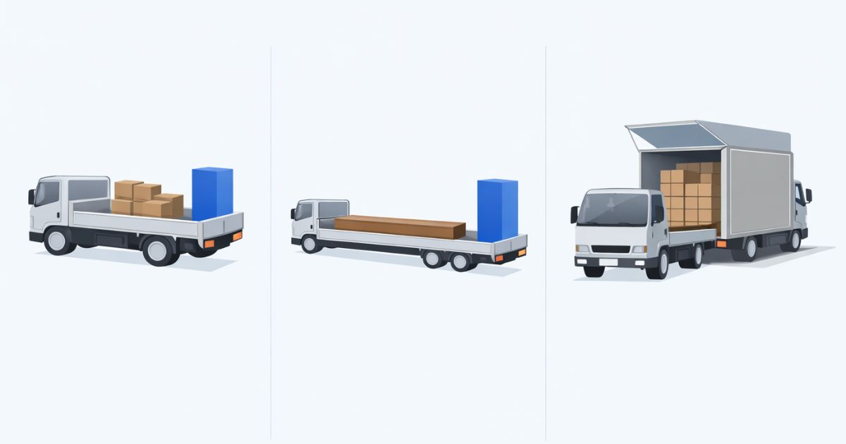 3トントラックの標準想定とロング・ワイド、架装差による荷台条件の違いを比較した図解