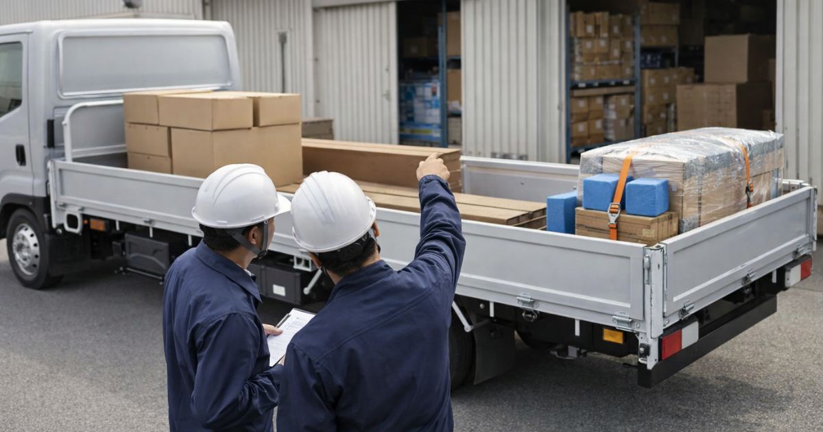 3トントラック手配前に荷物と荷台と搬入口条件を現場で確認している写真