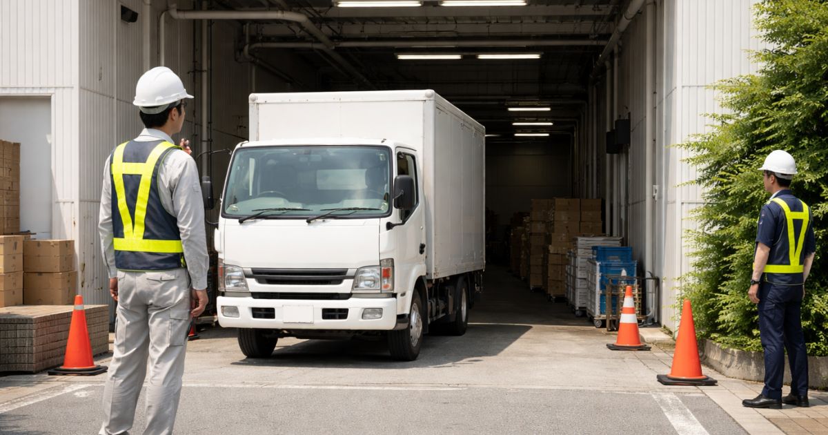 3トントラックが搬入前に現場条件を確認している実務的な写真