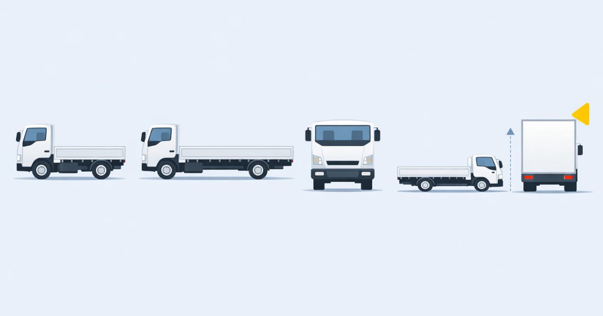3トントラックの標準・ロング・ワイドと平ボディ・箱車の違いを比較した図解