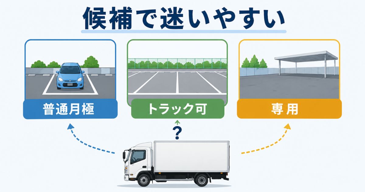 3トントラック駐車場で普通月極とトラック可月極と専用駐車場を比較する図解