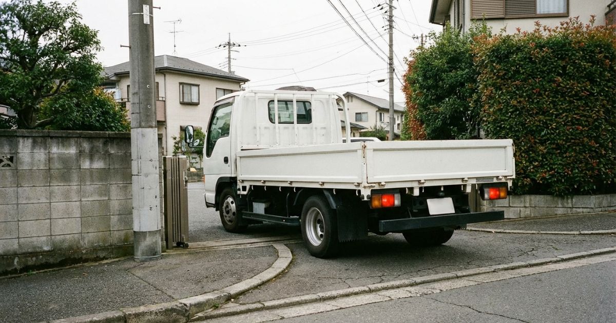 3トントラックが月極駐車場の入口で入出庫の余裕を確認しているイメージ写真