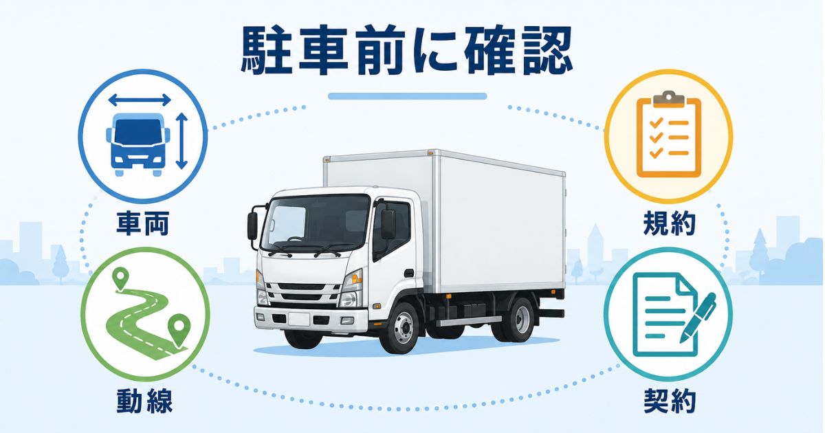 3トントラック駐車場で車両条件や規約や動線を確認する流れを示す図解