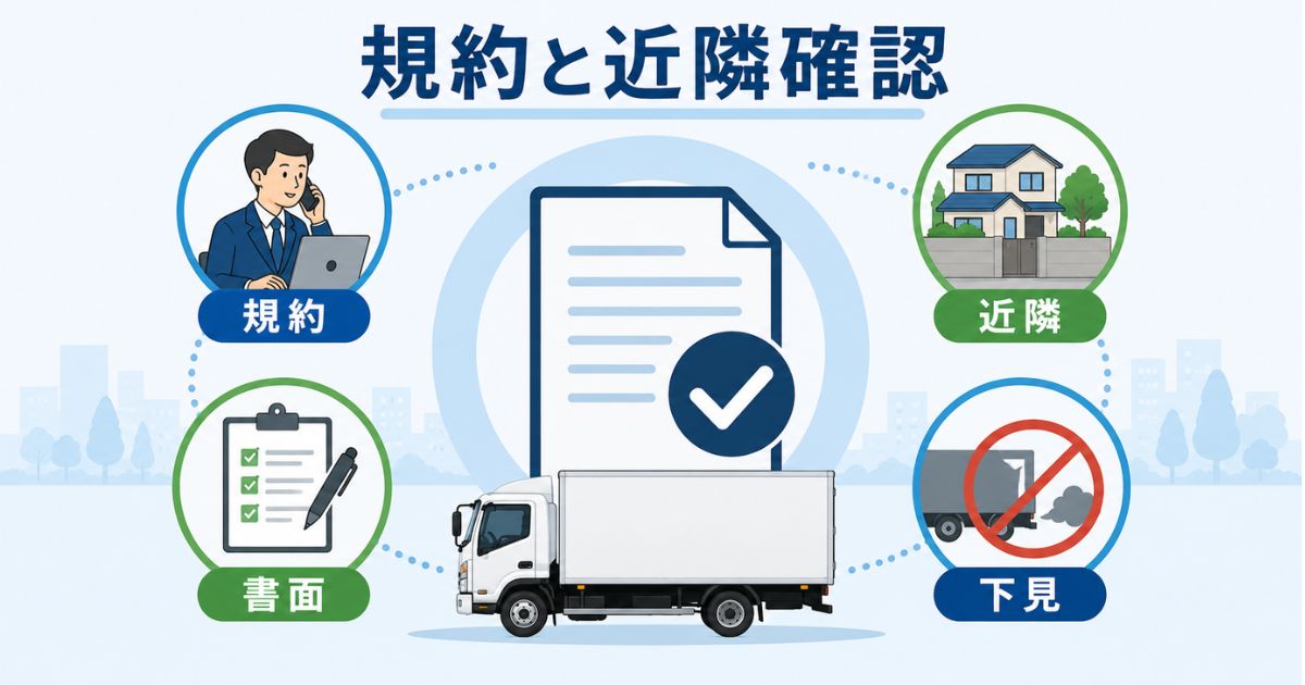 3トントラック駐車場の契約前に規約や書面や近隣配慮を確認する図解