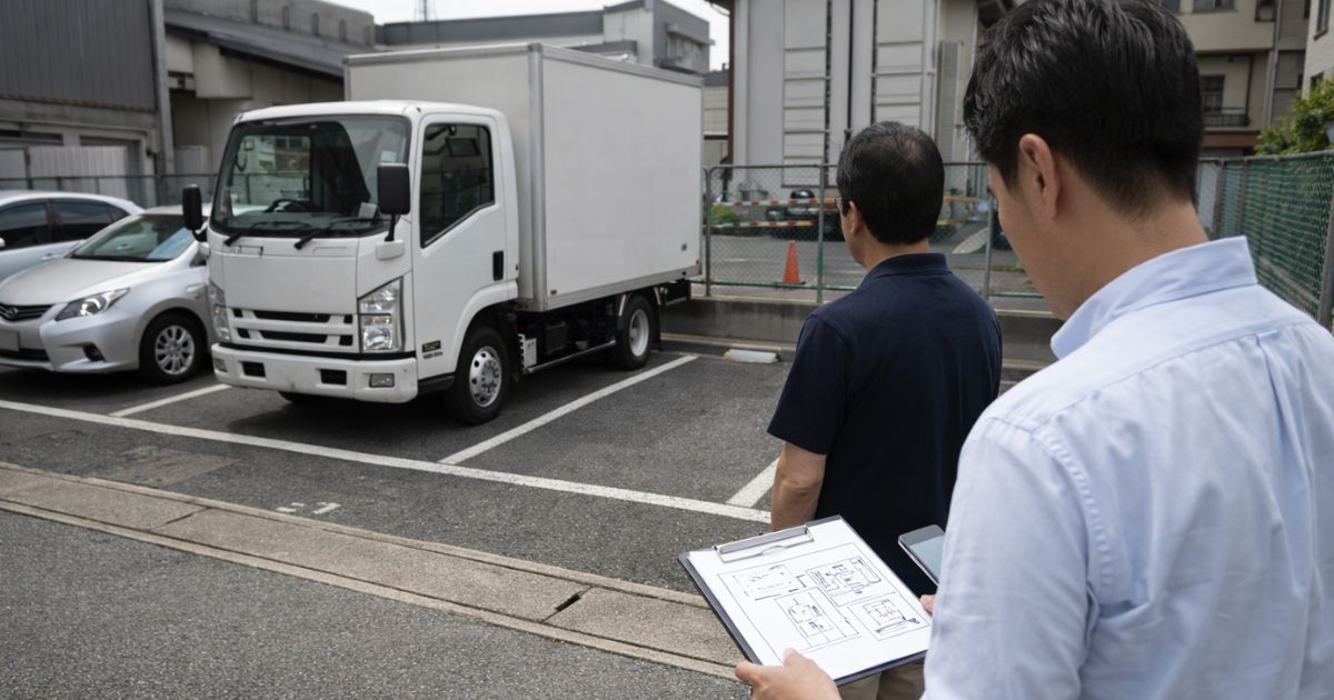 3トントラックの駐車候補地を現地下見している様子
