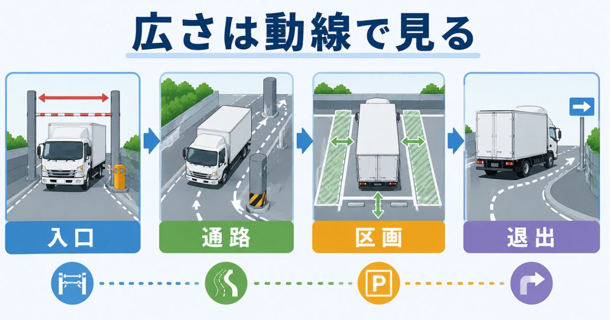 3トントラック駐車場で入口から通路や区画や退出まで動線を確認する図解