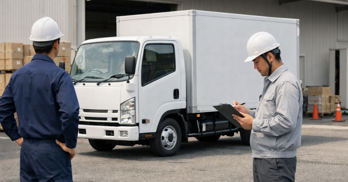 3トントラックの導入条件を現場で確認しているイメージ写真