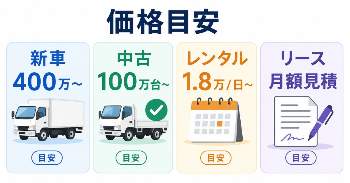 3トントラックの新車中古レンタルリースの価格目安をカードで整理した図解