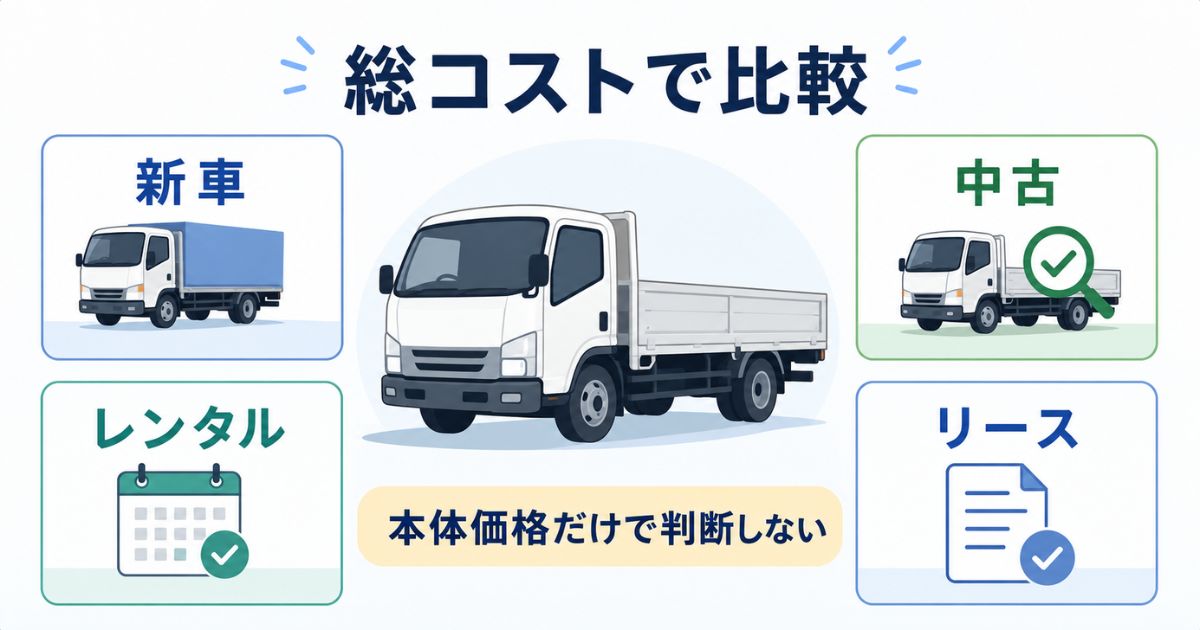 3トントラックの値段を新車中古レンタルリースで総コスト比較するアイキャッチ