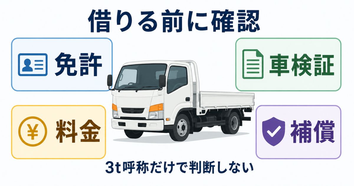 3トントラックのレンタカーを借りる前に免許・車検証・料金・補償を確認する流れを示した図解